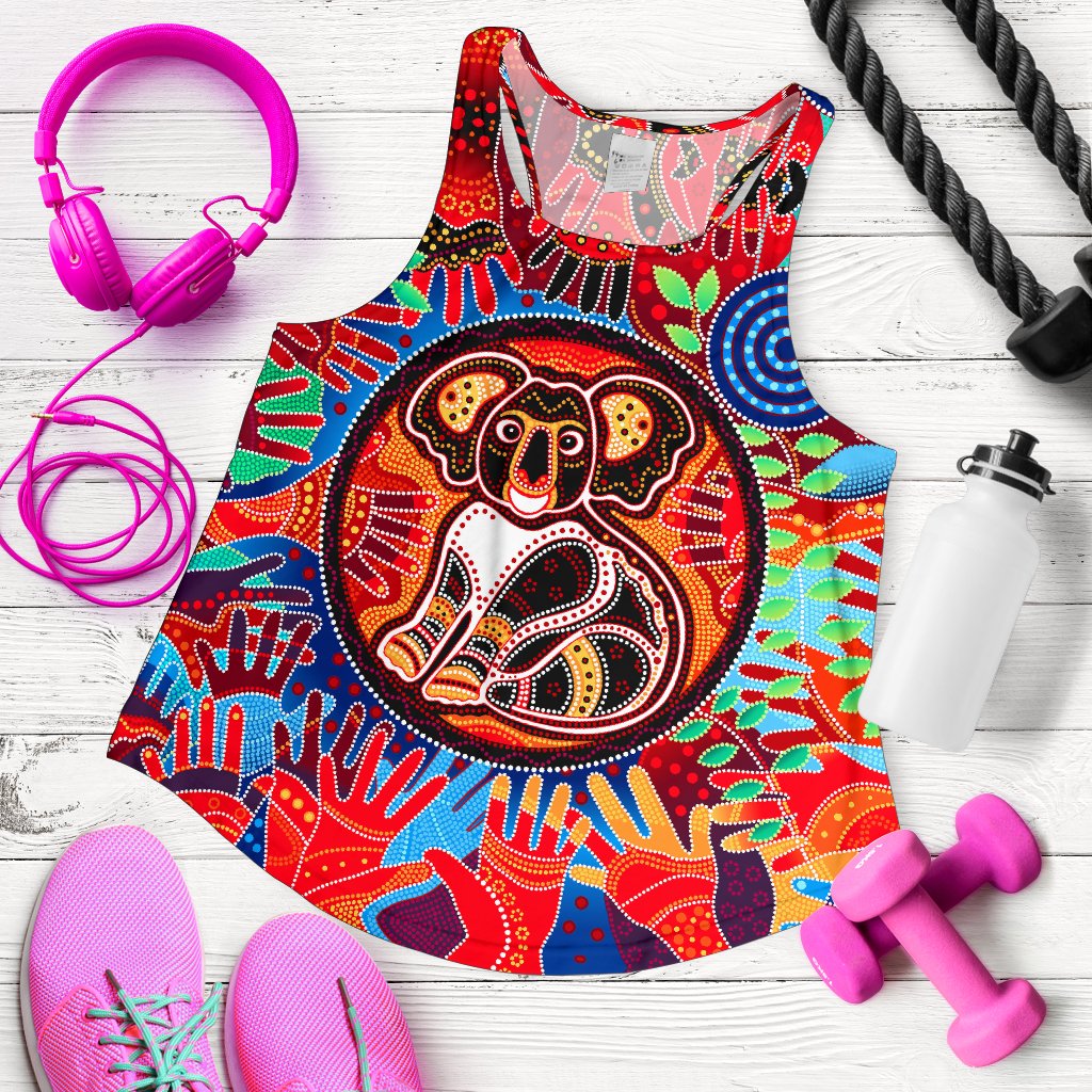 Aboriginal Women's Racerback Tank, Koala and Hand Art Dot Painting Tank Top - Vibe Hoodie