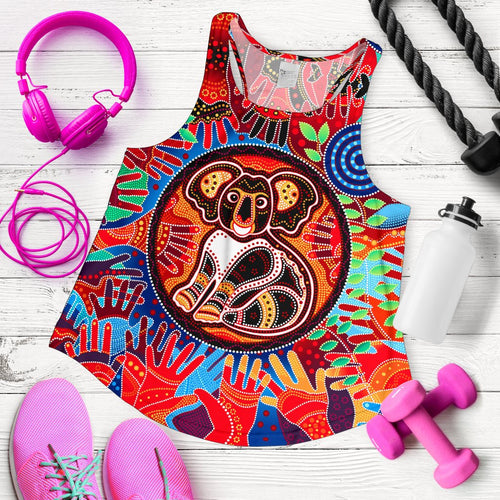 Aboriginal Women's Racerback Tank, Koala and Hand Art Dot Painting Tank Top - Vibe Hoodie