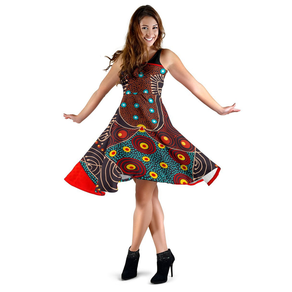 Midi Dress - Aboriginal Sublimation Dot Pattern Style (Red) - Vibe Hoodie