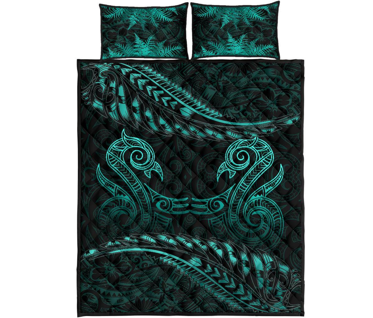 aotearoa-quilt-bed-set-turquoise-maori-manaia-with-silver-fern