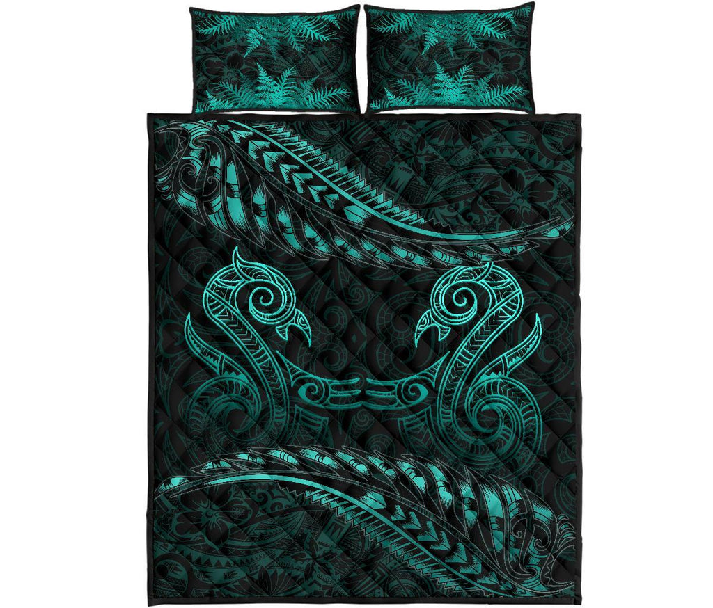 aotearoa-quilt-bed-set-turquoise-maori-manaia-with-silver-fern