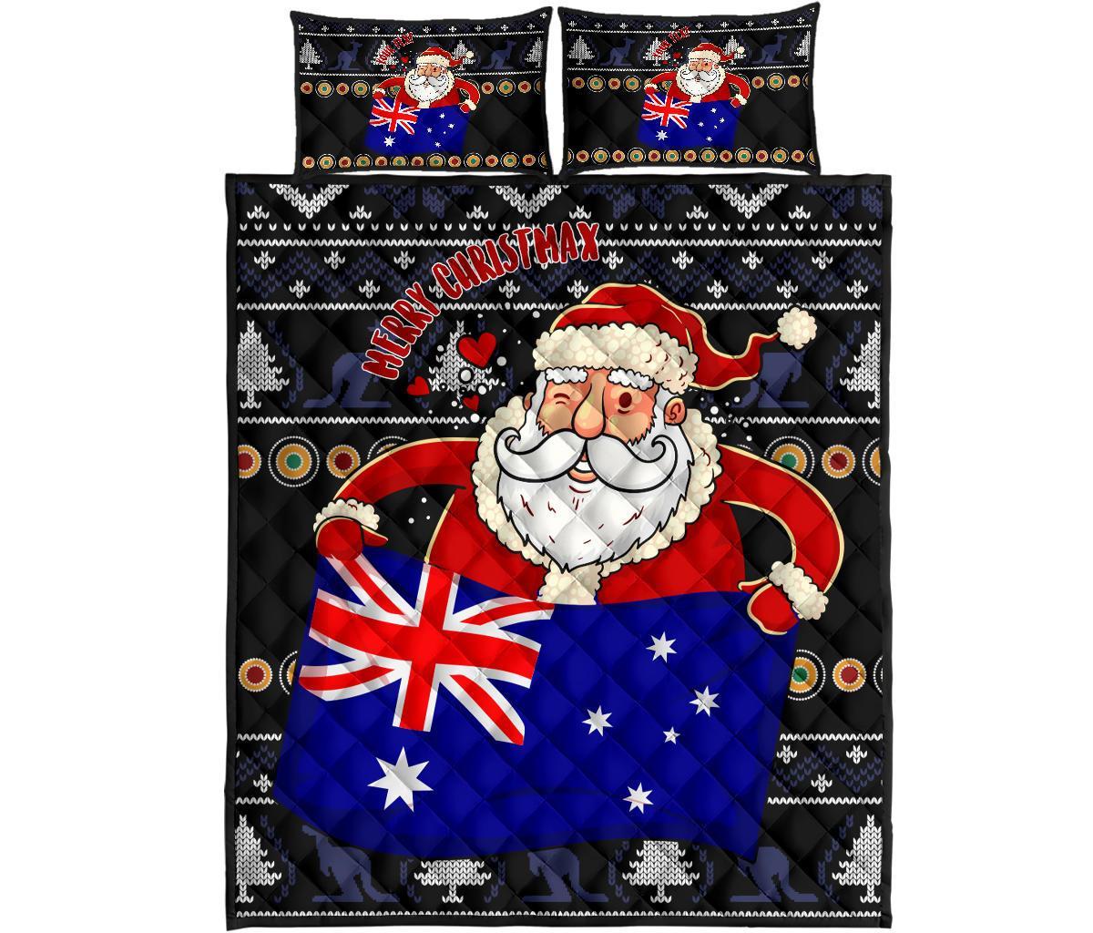 christmas-personalised-quilt-bed-set-australia-santa-claus-hold-the-flag-black