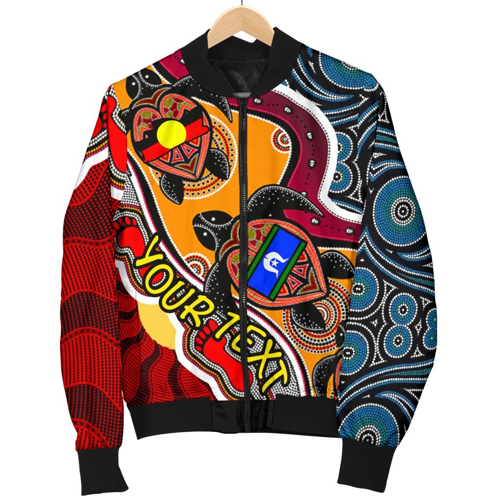 custom-womens-bomber-jacket-australia-aboriginal-dots-with-turtle-and-naidoc-flags
