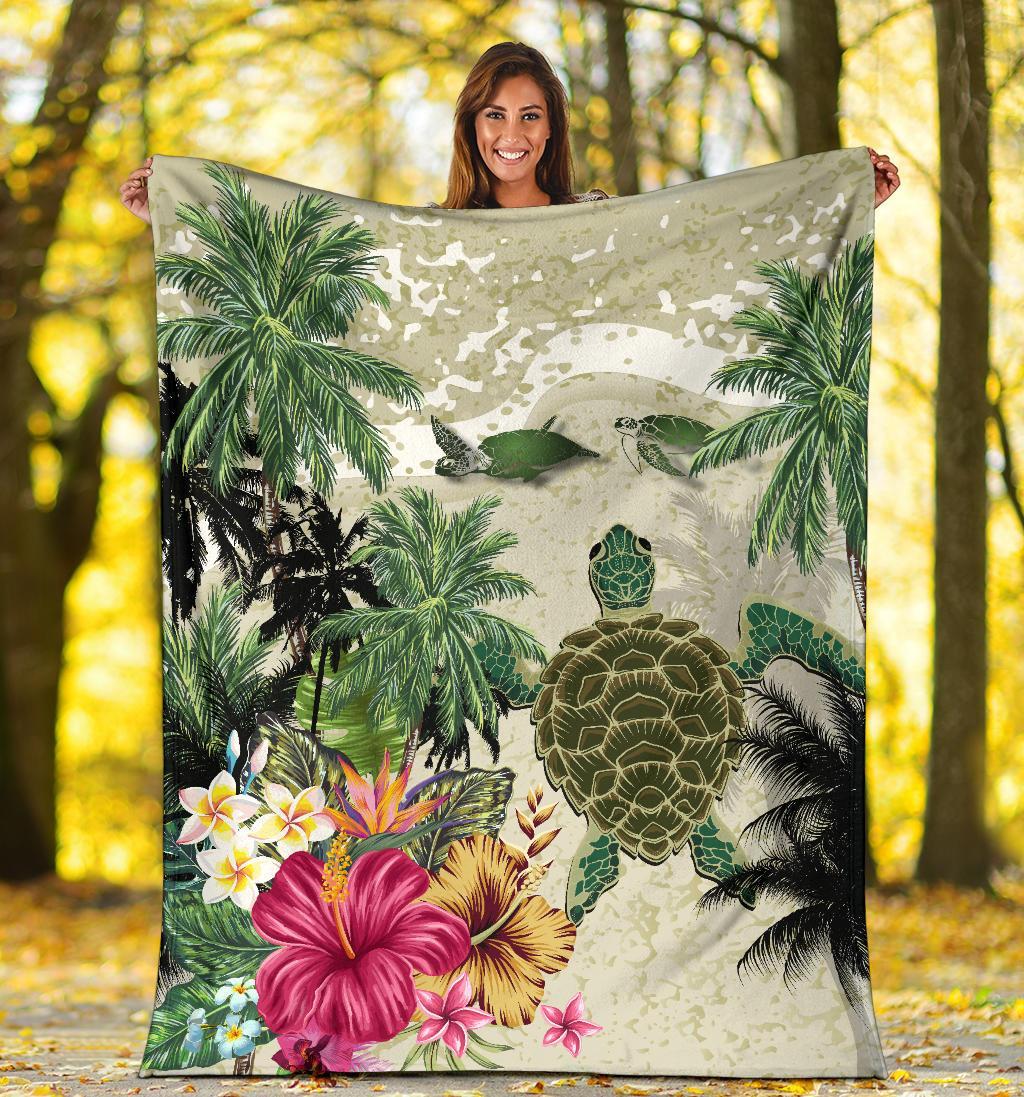turtle-and-coconut-tree-premium-blanket-hibiscus-and-turtle-on-the-beach