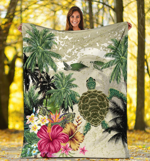 turtle-and-coconut-tree-premium-blanket-hibiscus-and-turtle-on-the-beach
