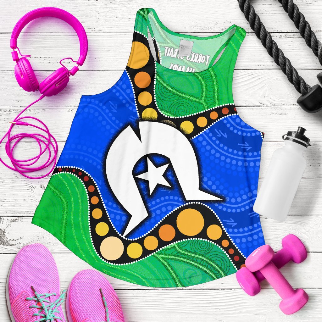 Torres Strait Islands Women's Racerback Tank -  Flag with Aboriginal Patterns - Vibe Hoodie