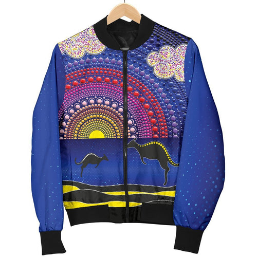 aboriginal-womens-bomber-jacket-sunset-over-the-sea-and-kangaroo-dot-painting