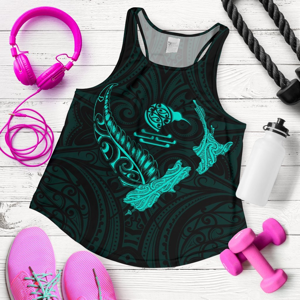 New Zealand Heart Women'S Racerback Tank - Map Kiwi Mix Silver Fern Turquoise - Vibe Hoodie