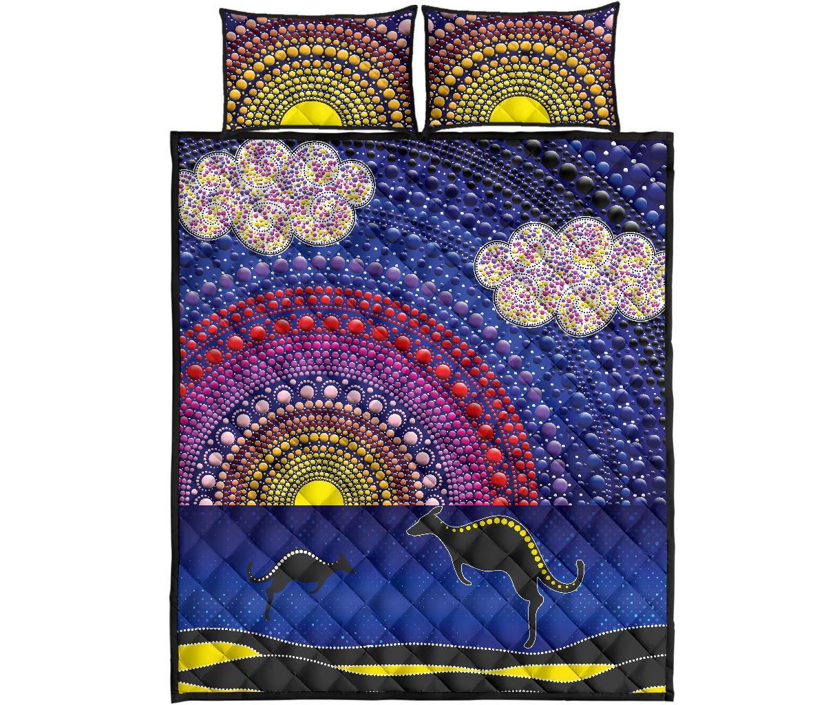 aboriginal-quilt-bed-set-sunset-over-the-sea-and-kangaroo-dot-painting