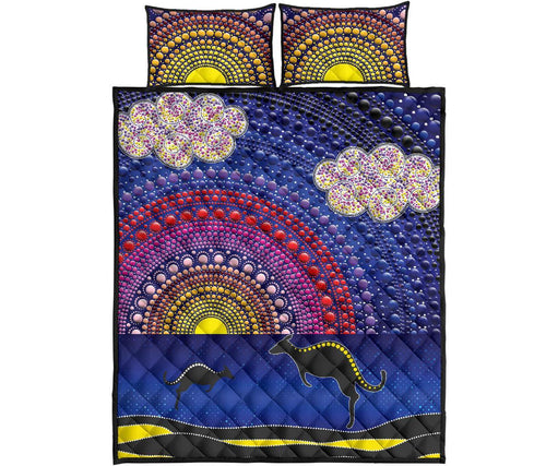 aboriginal-quilt-bed-set-sunset-over-the-sea-and-kangaroo-dot-painting