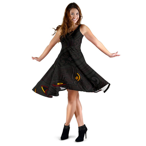 New Zealand Maori Gods Women Midi Dress Tumatauenga (God of War) - Black - Vibe Hoodie