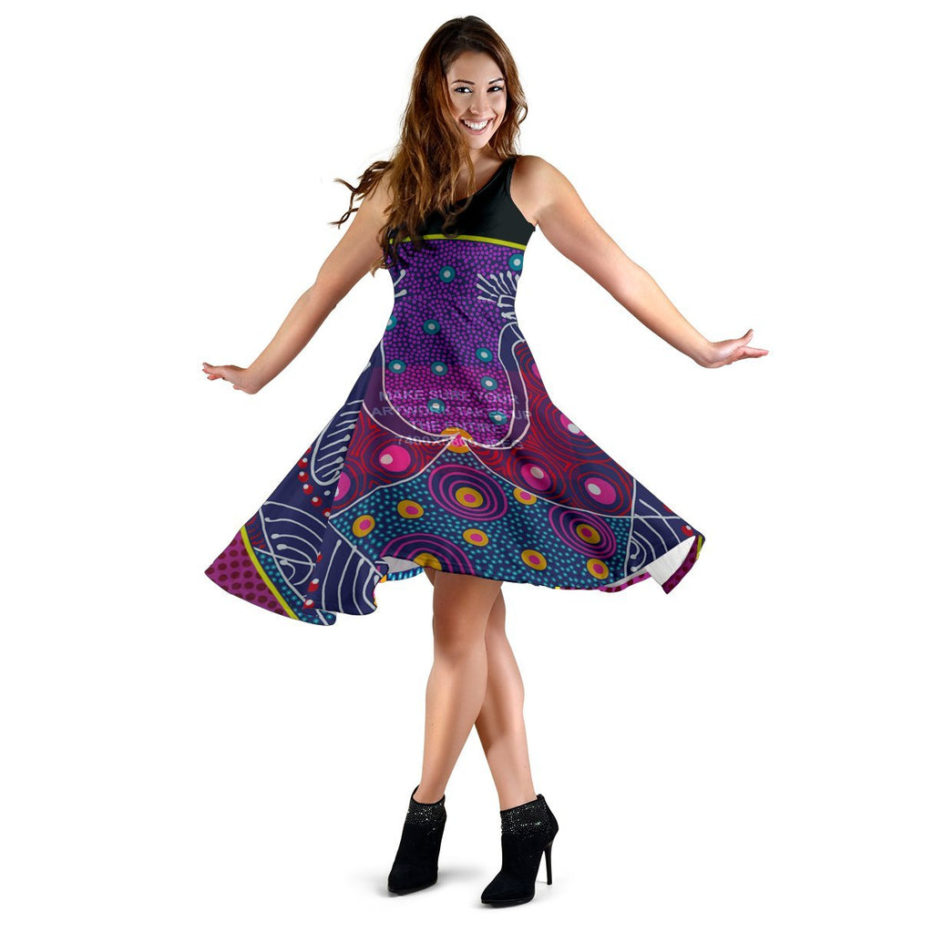 Midi Dress - Aboriginal Sublimation Dot Pattern Style (Violet) - Vibe Hoodie