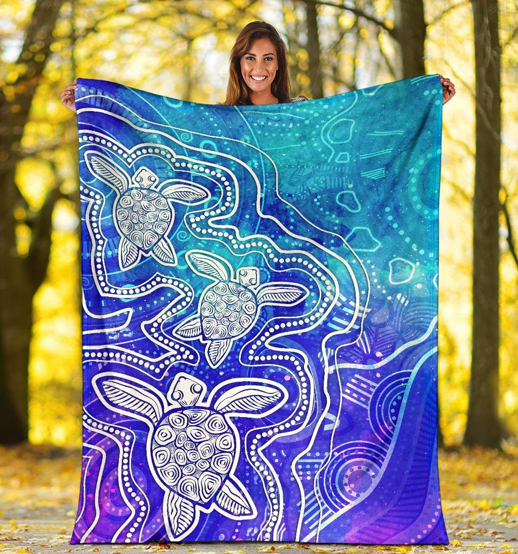 aboriginal-premium-blanket-sea-turtle-with-indigenous-patterns-blue