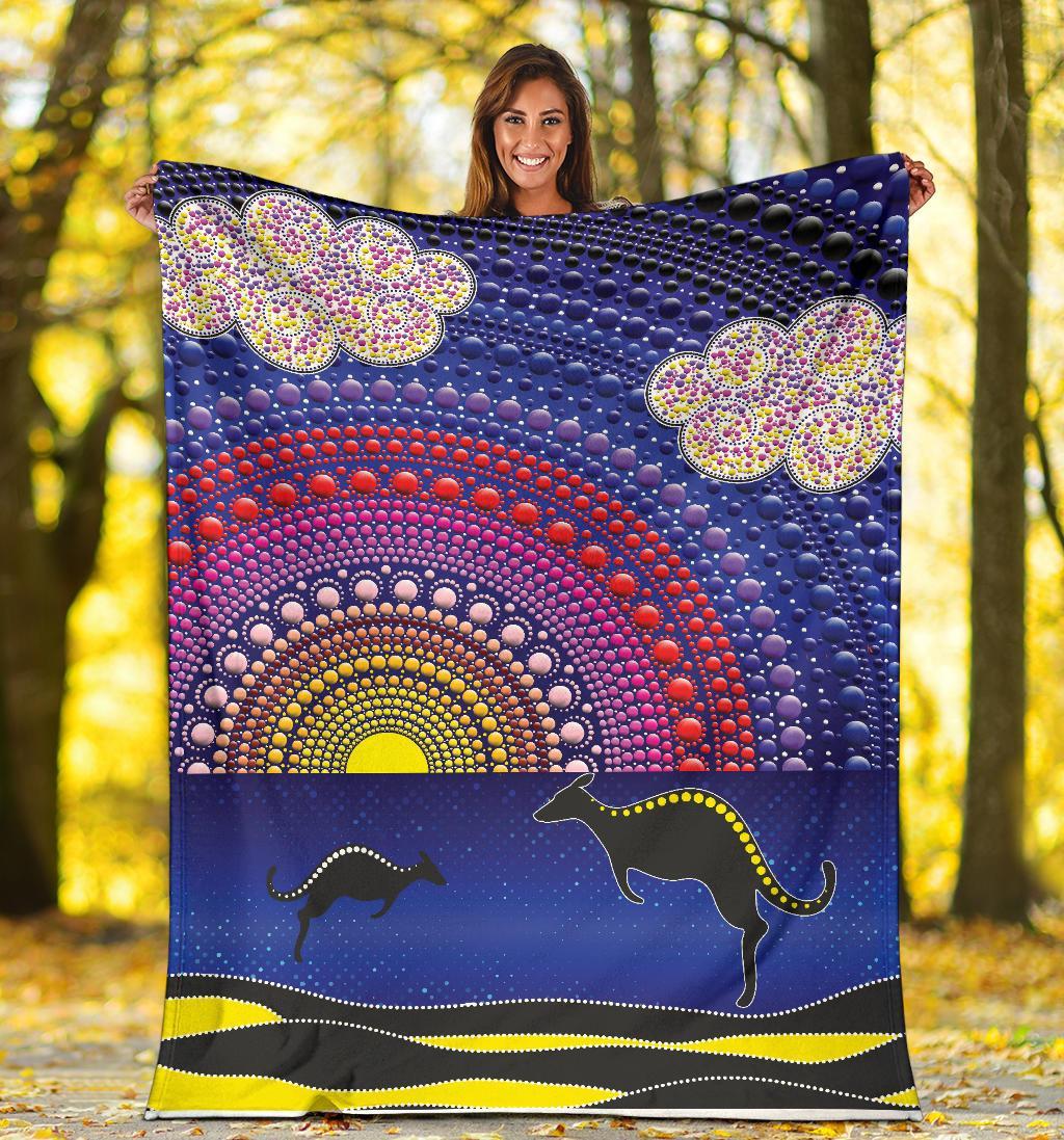 aboriginal-premium-blanket-sunset-over-the-sea-and-kangaroo-dot-painting