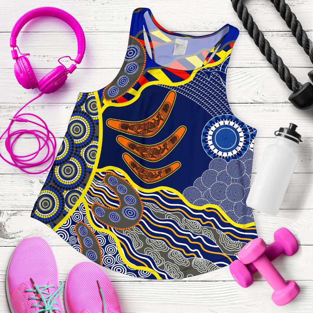 Aboriginal Women's Racerback Tank, Australian Boomerang Dot Painting Art - Vibe Hoodie