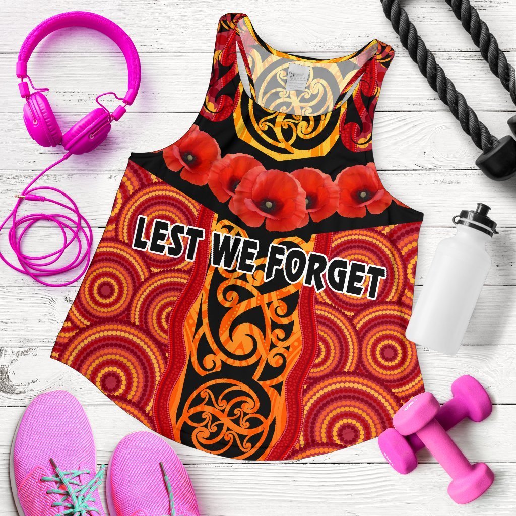 Anzac Lest We Forget Poppy Women Racerback Tank New Zealand Maori Silver Fern - Australia Aboriginal - Vibe Hoodie