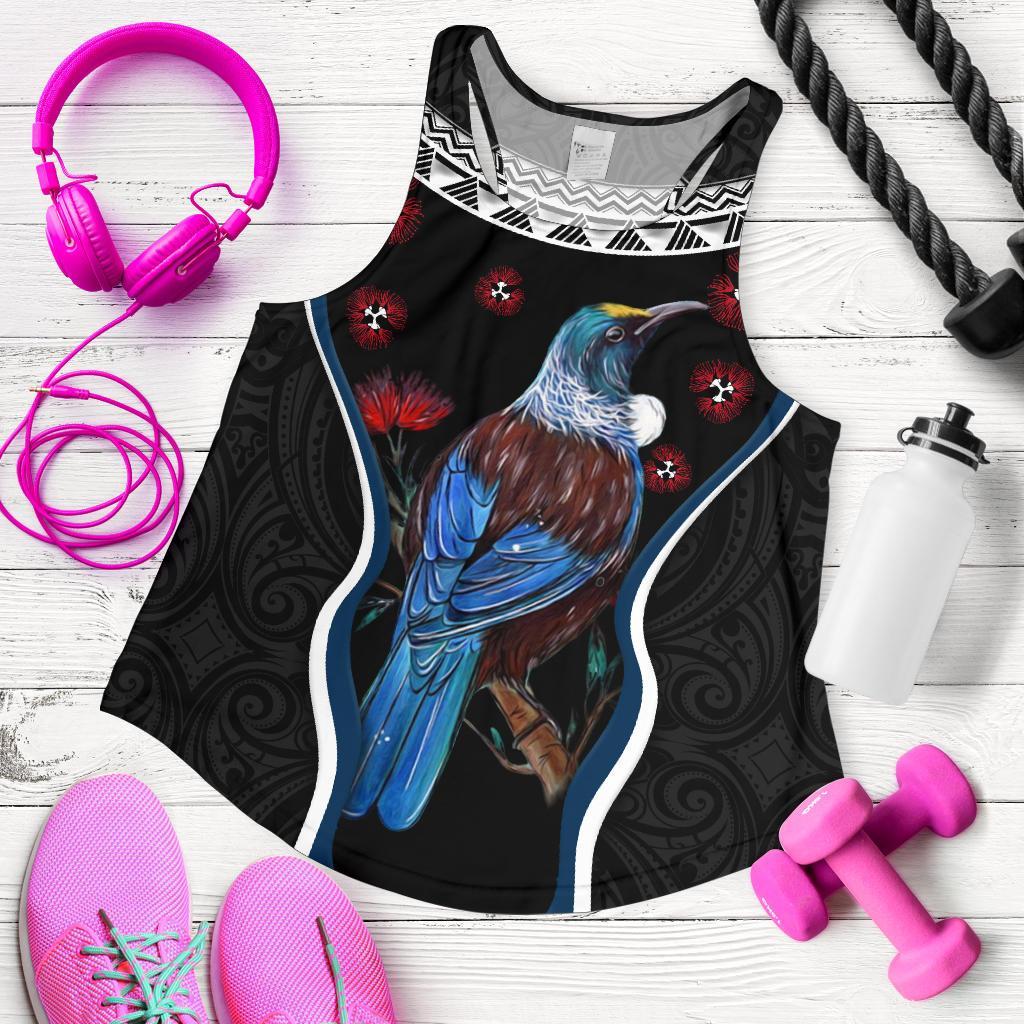 New Zealand Tui Bird Women Racerback Tank, Pohutukawa - Black - Vibe Hoodie