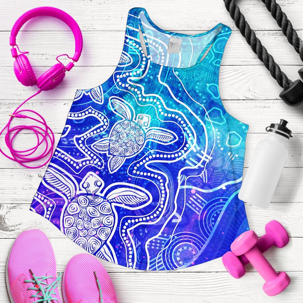 Aboriginal Women's Racerback Tank - Sea Turtle With Indigenous Patterns (Blue) - Vibe Hoodie
