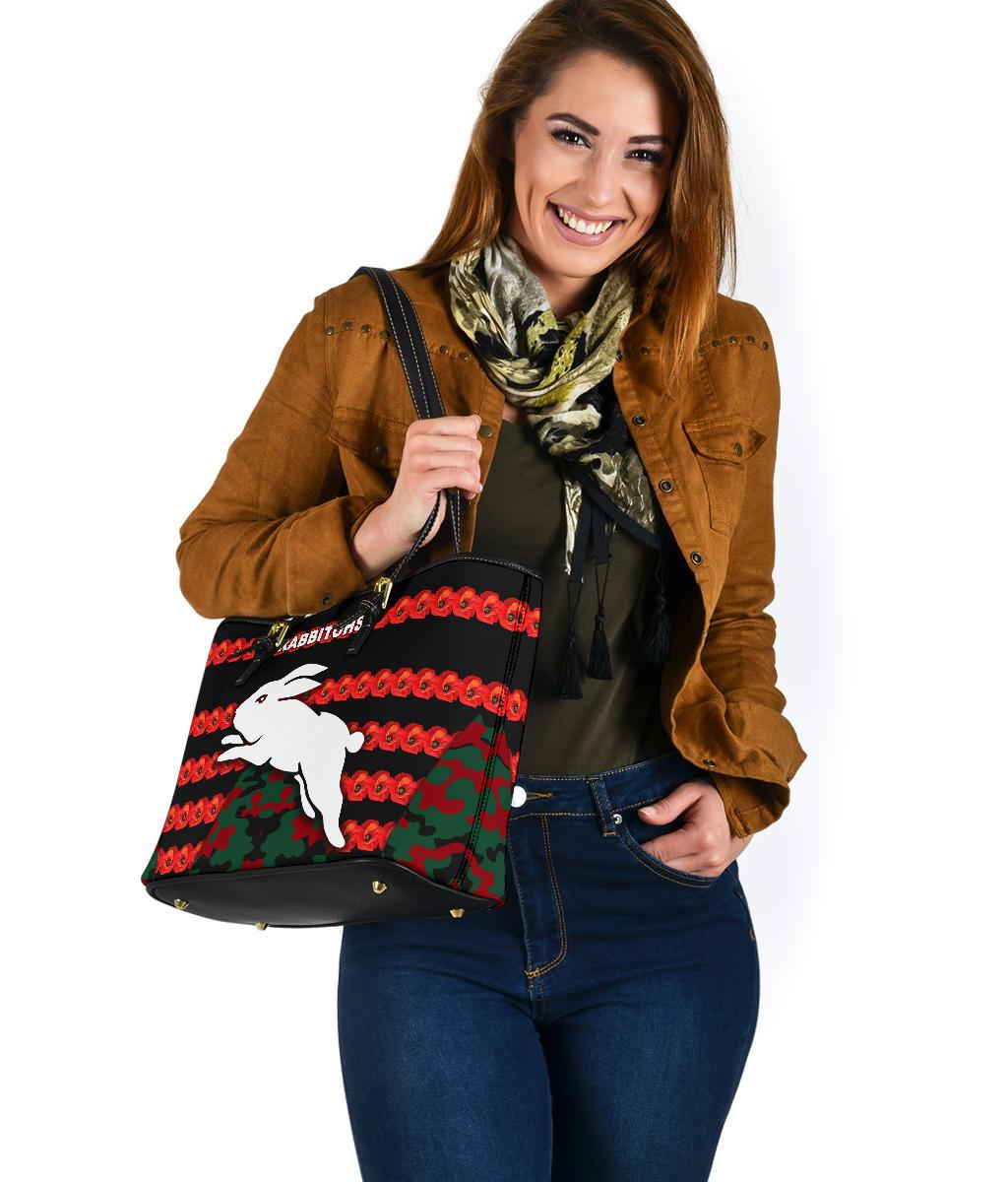 south-sydney-rabbitohs-small-leather-tote-anzac-day-poppy-flower-vibes
