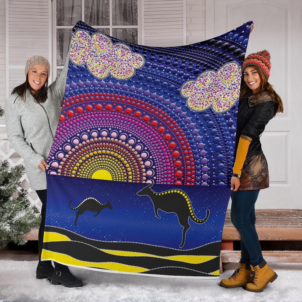 aboriginal-premium-blanket-sunset-over-the-sea-and-kangaroo-dot-painting