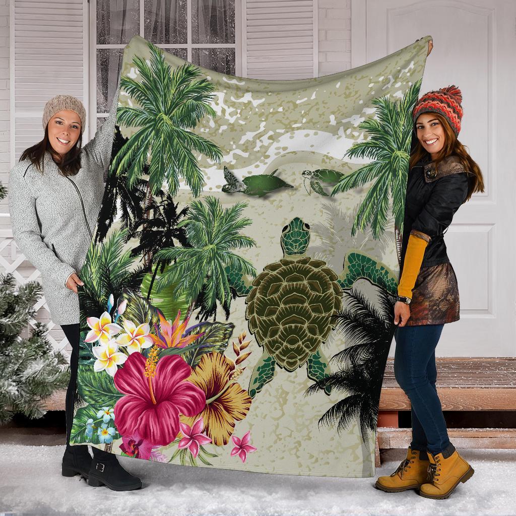 turtle-and-coconut-tree-premium-blanket-hibiscus-and-turtle-on-the-beach