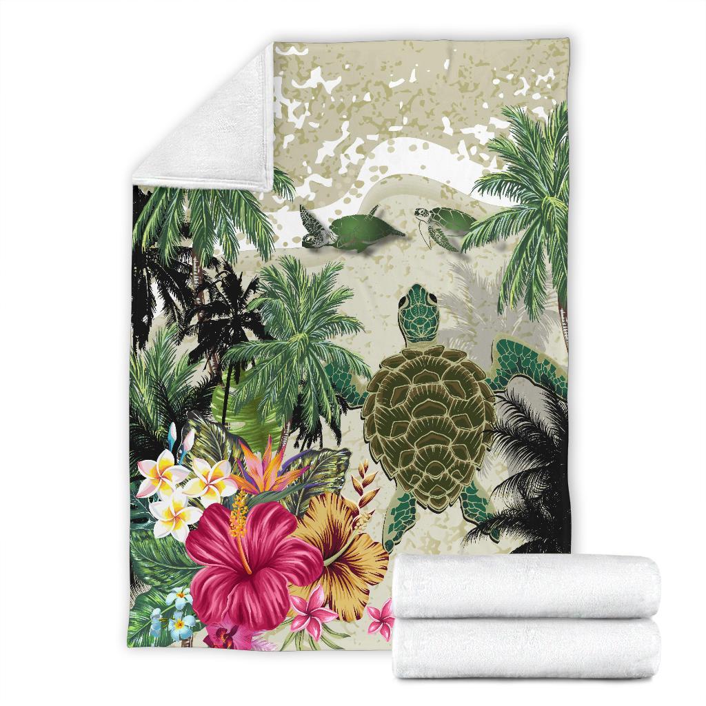 turtle-and-coconut-tree-premium-blanket-hibiscus-and-turtle-on-the-beach