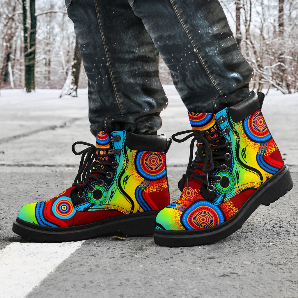 aboriginal-all-season-boots-flowers-circle-dot-painting-blue-dream