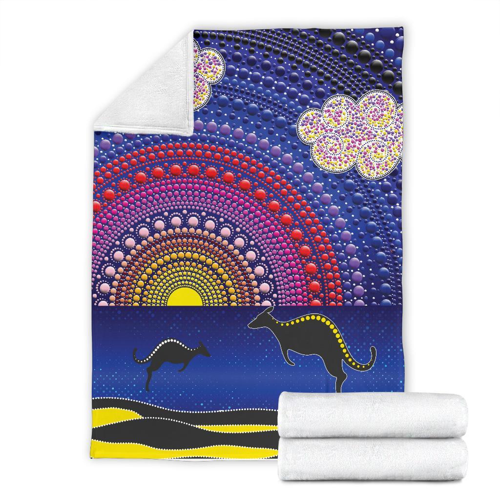 aboriginal-premium-blanket-sunset-over-the-sea-and-kangaroo-dot-painting