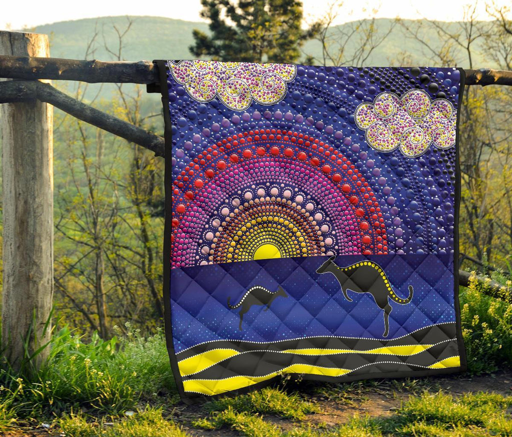 aboriginal-premium-quilt-sunset-over-the-sea-and-kangaroo-dot-painting