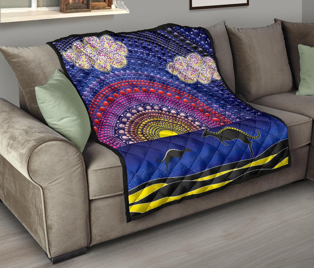aboriginal-premium-quilt-sunset-over-the-sea-and-kangaroo-dot-painting