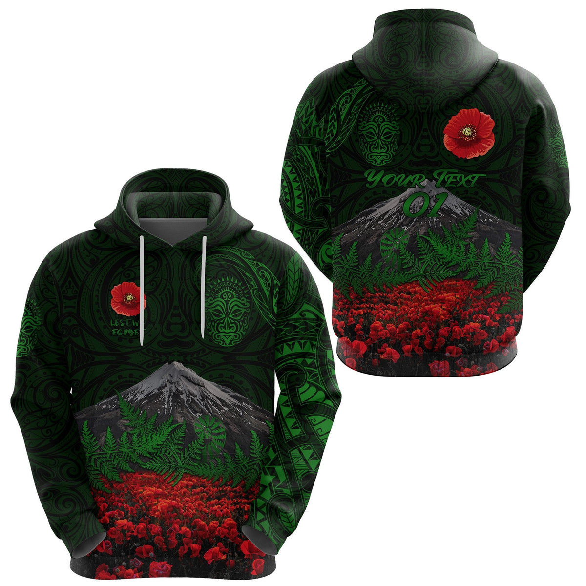 custom-personalised-warriors-rugby-hoodie-new-zealand-mount-taranaki-with-poppy-flowers-anzac-vibes-green-custom-text-and-number-2