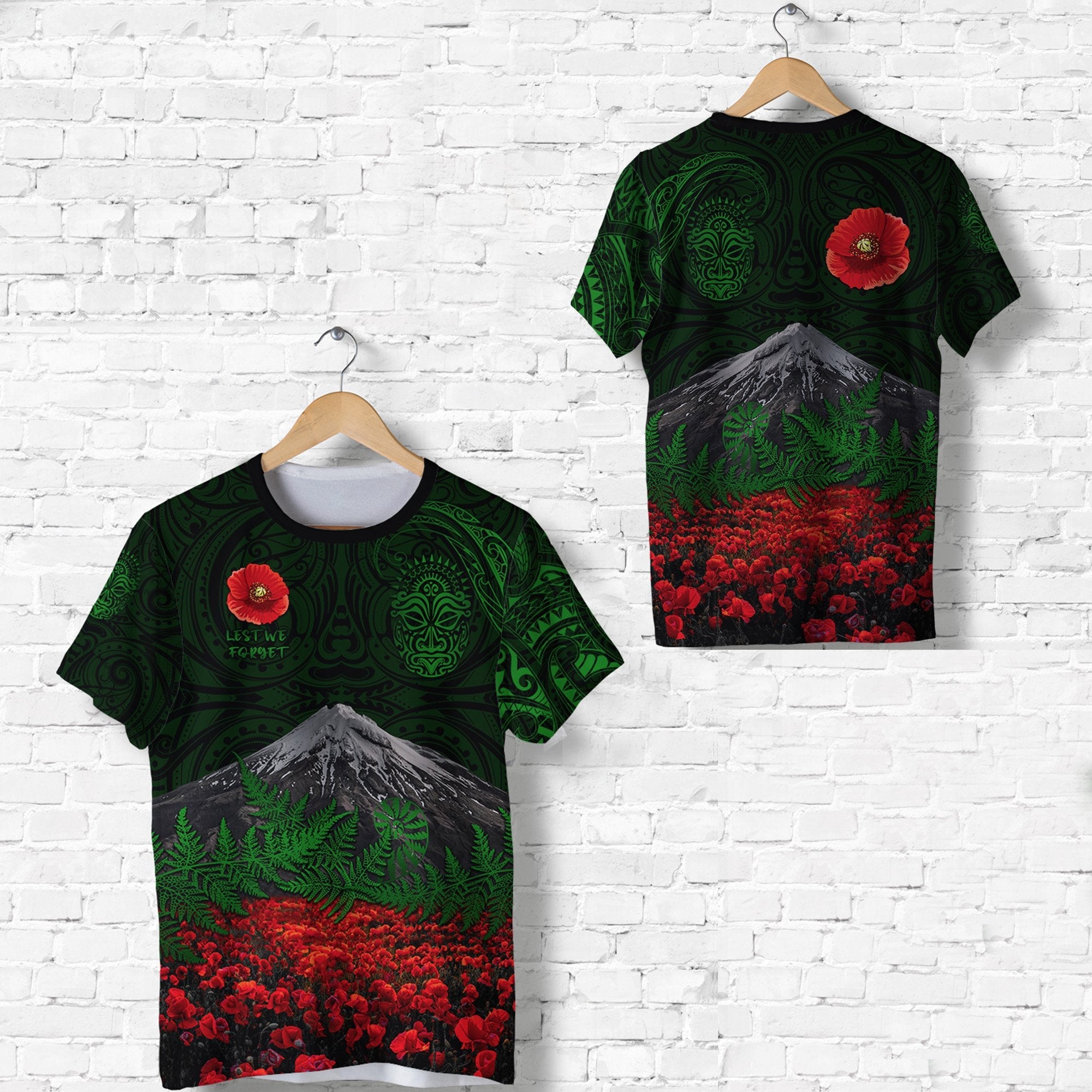 warriors-rugby-t-shirt-new-zealand-mount-taranaki-with-poppy-flowers-anzac-vibes-green-1