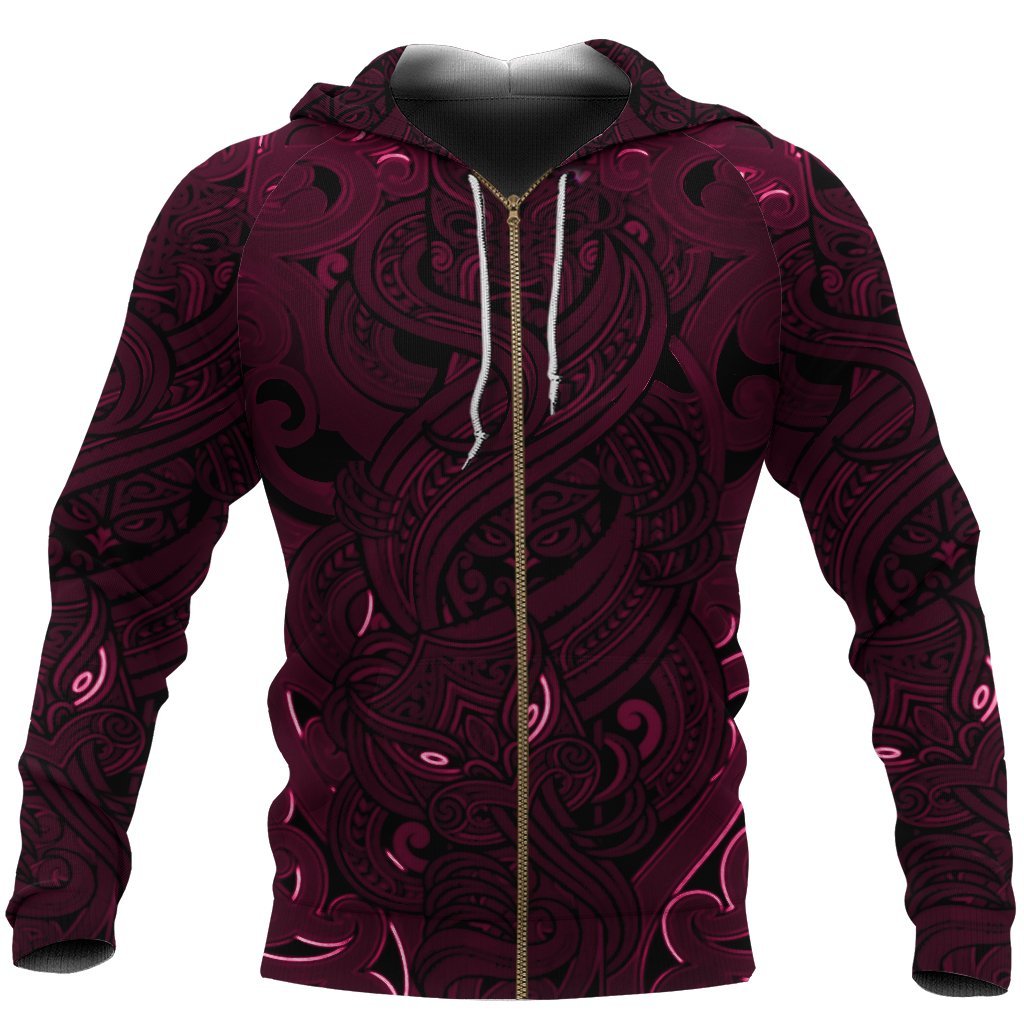 new-zealand-zip-up-hoodie-maori-gods-zipper-hoodie-tumatauenga-god-of-war-pink