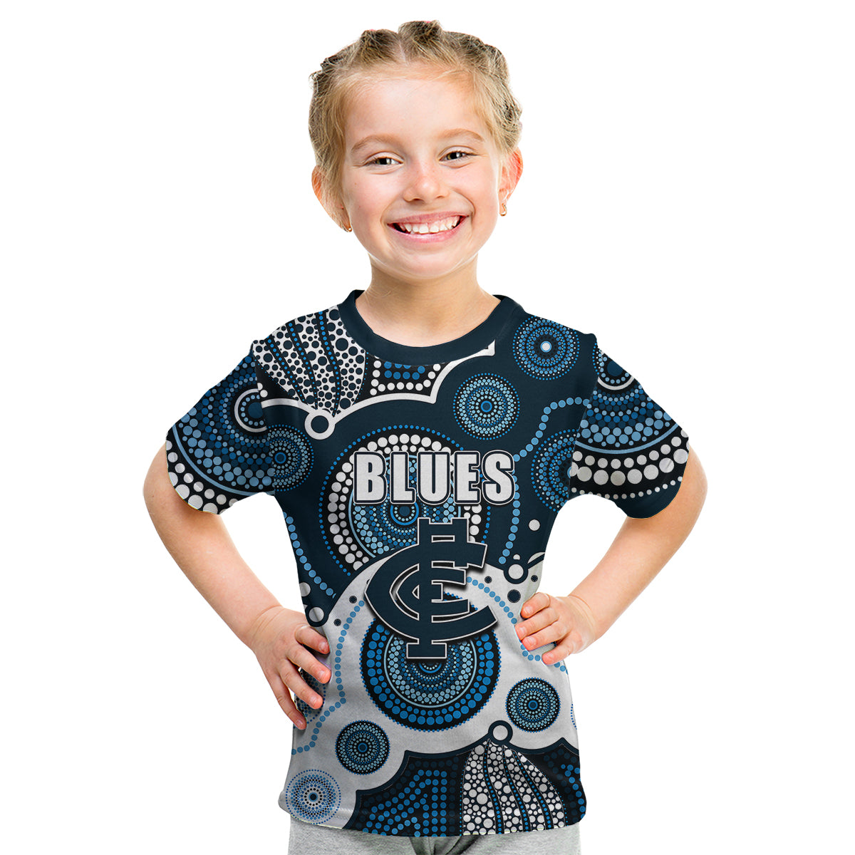 custom-personalised-and-number-blues-afl-kid-t-shirt-aboriginal-patterns