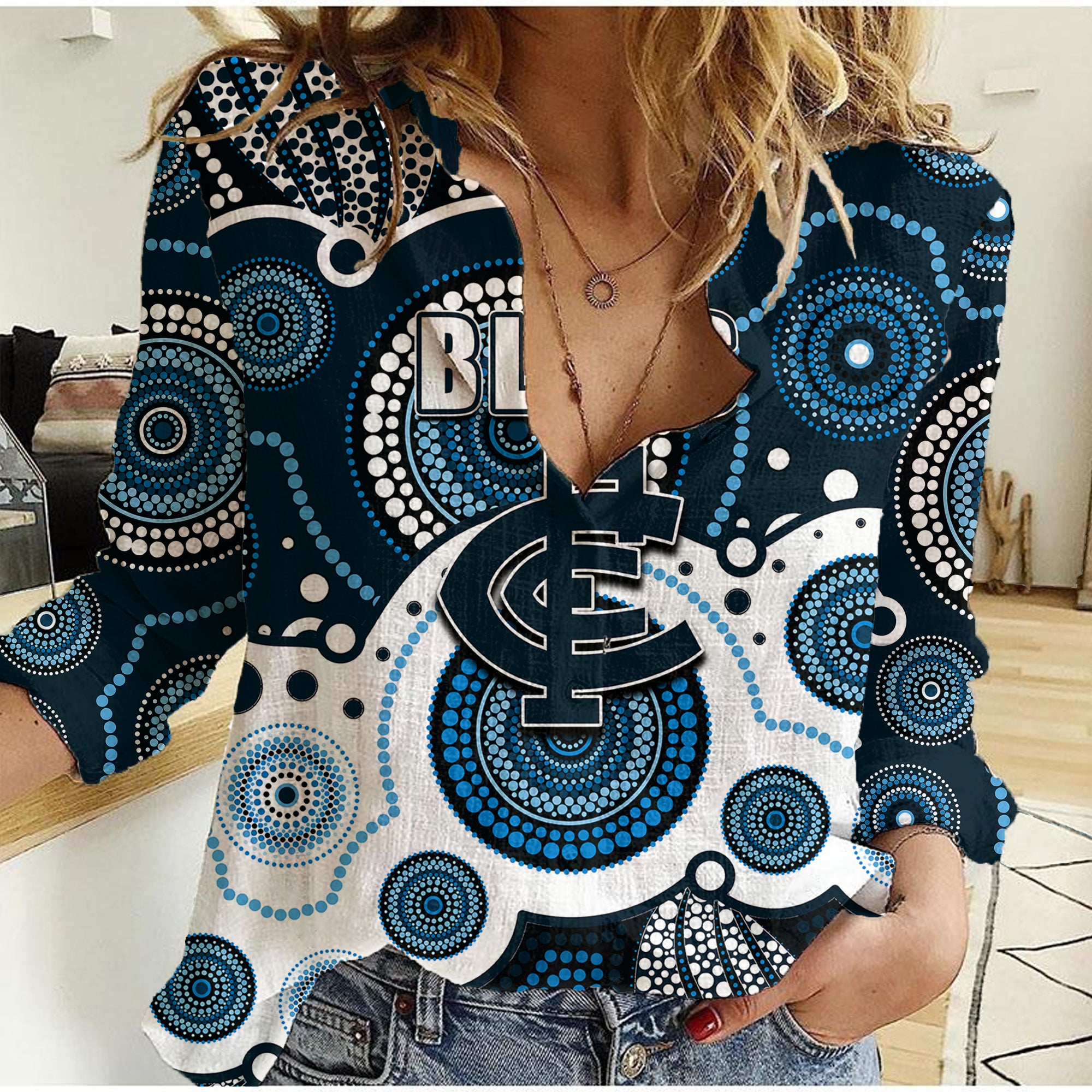 custom-personalised-and-number-blues-afl-women-casual-shirt-aboriginal-patterns