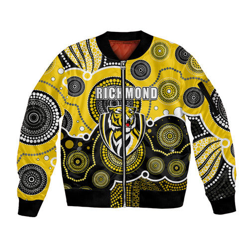 custom-personalised-and-number-yellow-afl-sleeve-zip-bomber-jacket-aboriginal-patterns