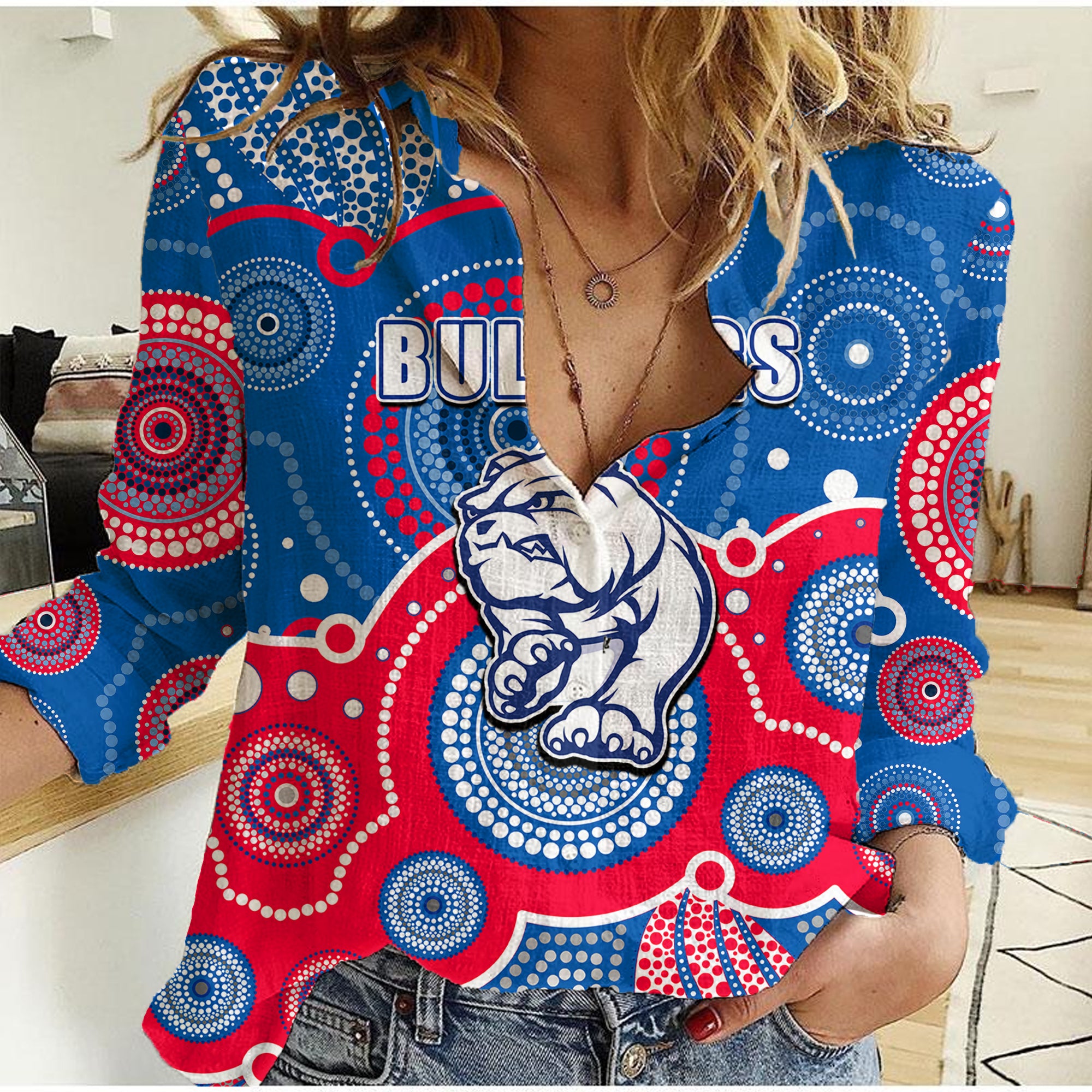custom-personalised-and-number-bulldogs-afl-women-casual-shirt-aboriginal-patterns