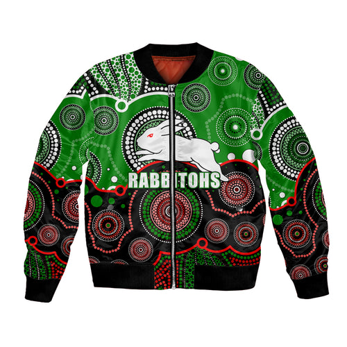 custom-personalised-and-number-rabbitohs-nrl-bomber-jacket-aboriginal-patterns