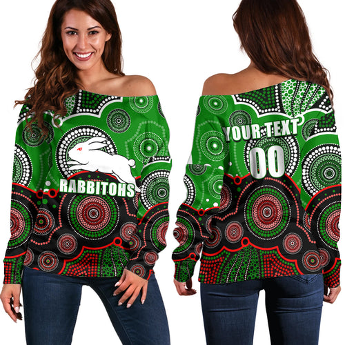 custom-personalised-and-number-rabbitohs-nrl-off-shoulder-sweater-aboriginal-patterns