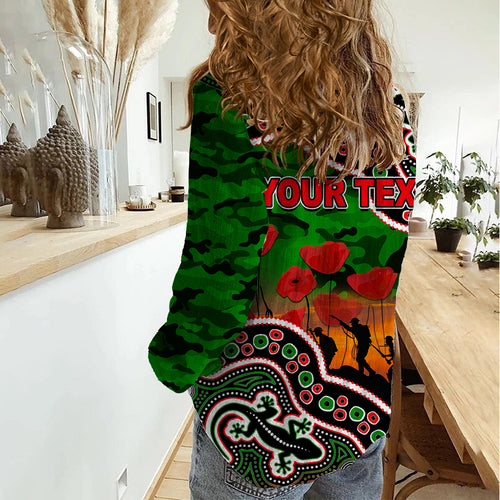 custom-personalised-anzac-day-nrl-rabbitohs-women-casual-shirt-aboriginal-lizard-patterns