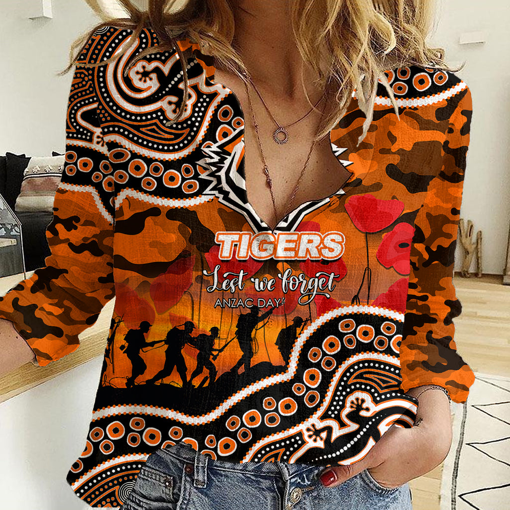 custom-personalised-anzac-day-nrl-tigers-women-casual-shirt-aboriginal-lizard-patterns