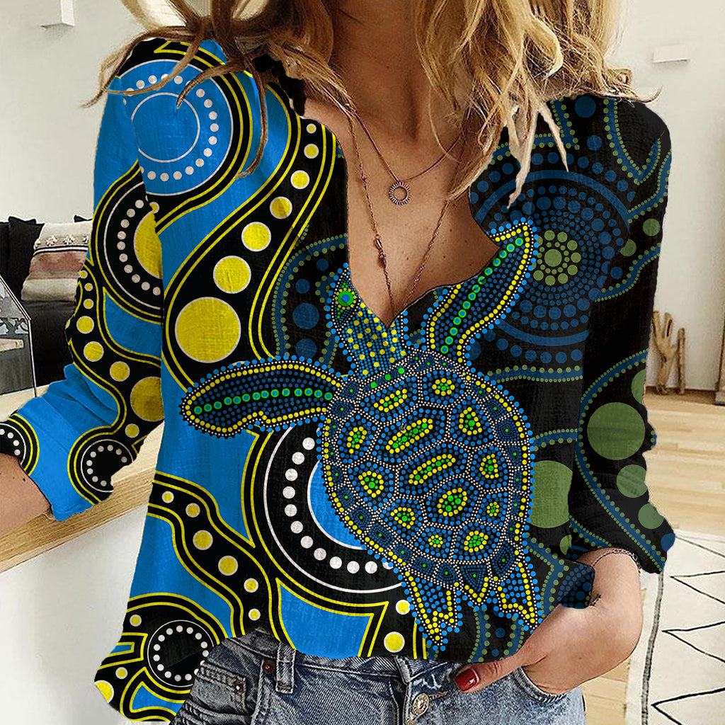 aboriginal-turtle-women-casual-shirt-blue-style
