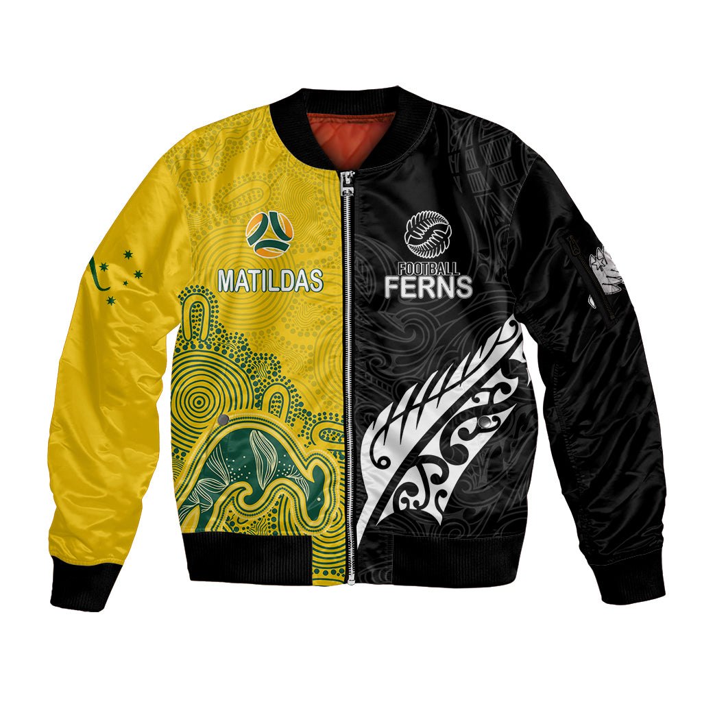 personalised-matildas-mix-football-ferns-sleeve-zip-bomber-jacket-2023-world-cup-aboriginal-tribal-style