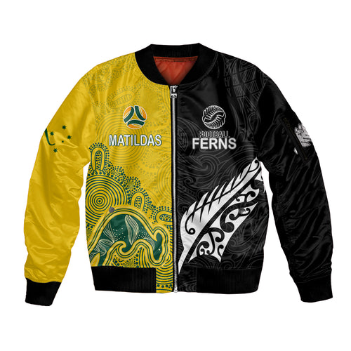 personalised-matildas-mix-football-ferns-sleeve-zip-bomber-jacket-2023-world-cup-aboriginal-tribal-style