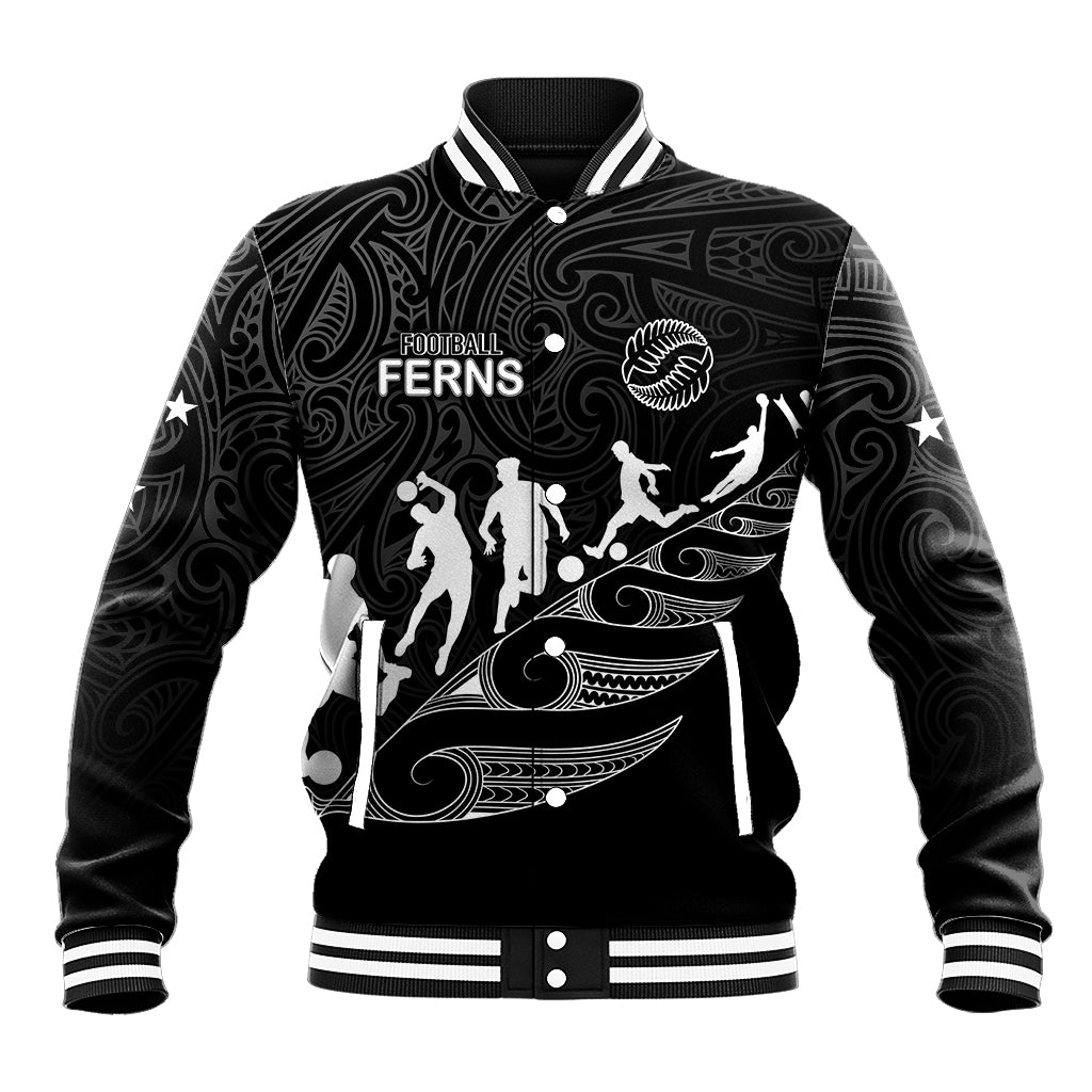 personalised-new-zealand-football-ferns-baseball-jacket-women-world-cup-2023-tribal-koru-pattern
