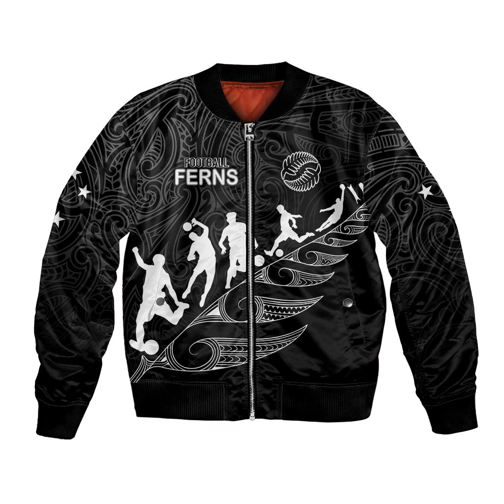 personalised-new-zealand-football-ferns-bomber-jacket-women-world-cup-2023-tribal-koru-pattern