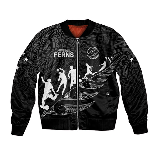 personalised-new-zealand-football-ferns-bomber-jacket-women-world-cup-2023-tribal-koru-pattern