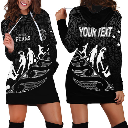 personalised-new-zealand-football-ferns-hoodie-dress-women-world-cup-2023-tribal-koru-pattern