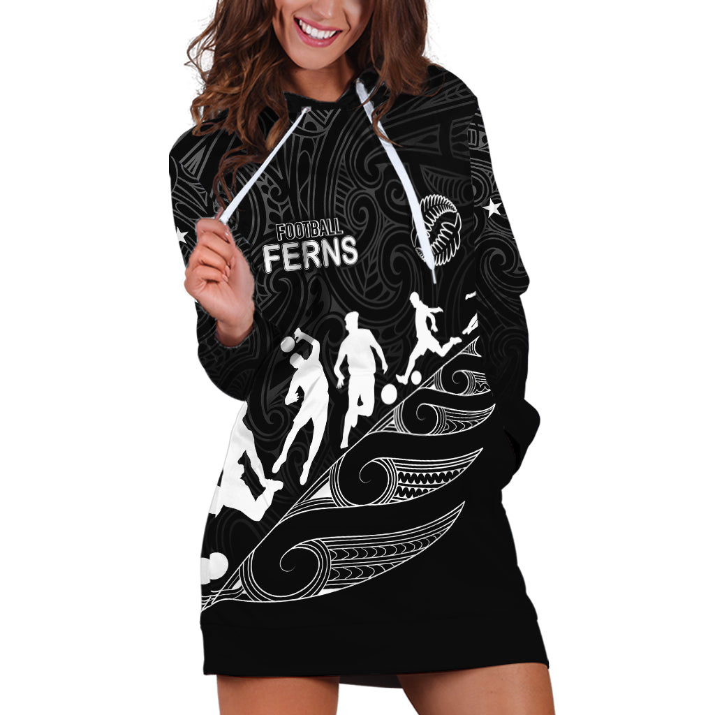 personalised-new-zealand-football-ferns-hoodie-dress-women-world-cup-2023-tribal-koru-pattern