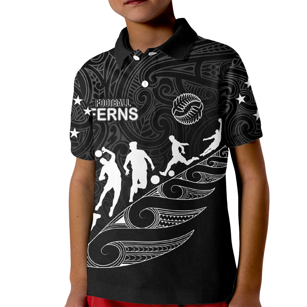 personalised-new-zealand-football-ferns-kid-polo-shirt-women-world-cup-2023-tribal-koru-pattern